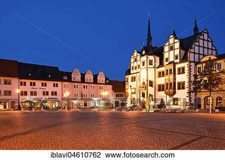 Stock Image - Marketplace with Town Hall, dusk, Saalfeld, Thuringia, Germany, Europe. Fotosearch