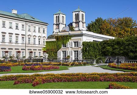 Stock Image - Mirabell Garden, Mirabell Palace with Andräkirche, Salzburg, Austria, Europe. Fotosearch