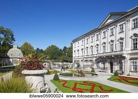 Picture - Mirabell Garden, Pegasus Fountain with Mirabell Palace, Salzburg, Austria, Europe. Fotosearch