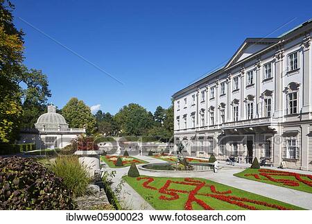 Stock Image - Mirabell Garden, Pegasus Fountain with Mirabell Palace, Salzburg, Austria, Europe. Fotosearch