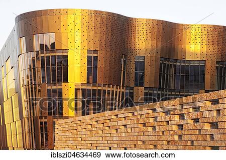 Stock Photo - Modern house facade in the evening light, Döppersberg, Wuppertal, Bergisches Land, North Rhine-Westphalia, Germany, Europe. Fotosearch