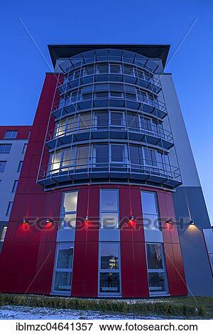 Stock Photo - Modern office building at dawn, Nuremberg, Middle Franconia, Bavaria, Germany, Europe. Fotosearch