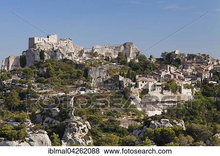 Stock Photo - Mountain village Les Baux-de-Provence with castle ruins, Provence, Provence-Alpes-Cote d'Azur, Southern France, France, Europe. Fotosearch