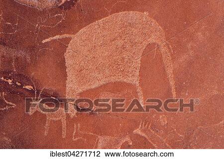 Stock Image - Neolithic petroglyphs of an elephant, Twyfelfontein, Unesco World Heritage Site, Damaraland, Kunene Province, Namibia, Africa. Fotosearch