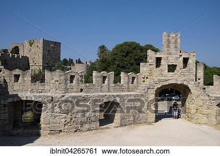 Stock Image - Old city walls of Rhodes Town, Rhodes, Dodecanese, Greece, Europe. Fotosearch