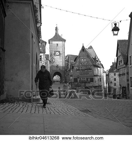 Stock Photo - Old town with half-timbered houses approx. 1945 to 1955, Rothenburg ob der Tauber, Germany, Europe. Fotosearch
