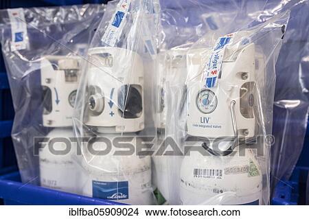 Picture - Oxygen cylinders for respirators, Agatharied Hospital, Agatharied, Bavaria, Germany, Europe. Fotosearch