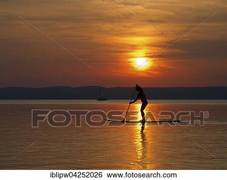 Paddler on a standup board at sunset, Lake Neusiedl, Burgenland, Austria, Europe View Large Photo Image Stock Photograph - Paddler on a standup board at sunset, Lake Neusiedl, Burgenland, Austria, Europe. Fotosearch