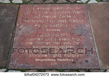 Panel with a quote from Gotthold Ephraim Lessing on the book burnings of 17 May 1933, floor plaque, University Square, Heidelberg, Baden-Wurttemberg, Germany, Europe View Large Photo Image Stock Image - Panel with a quote from Gotthold Ephraim Lessing on the book burnings of 17 May 1933, floor plaque, University Square, Heidelberg, Baden-Wurttemberg, Germany, Europe. Fotosearch