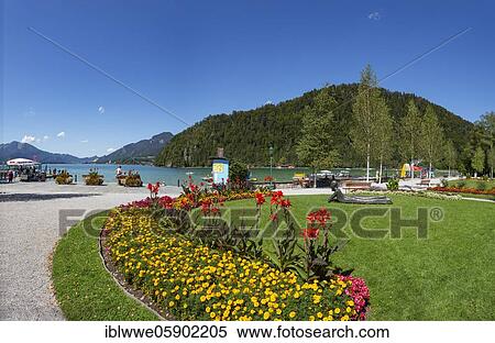 Stock Photography - Park on the lakeside promenade with bronze statue, Strobl am Wolfgangsee, Salzkammergut, Province of Salzburg, Austria, Europe. Fotosearch