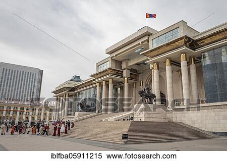 Stock Photography - Parliament building on Sukhbaatar Square with Genghis Khan monument, centre of Ulan Bator, Mongolia, Asia. Fotosearch