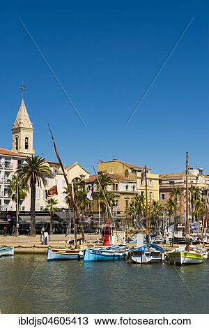 Stock Image - Port with historic fishing boats, Sanary-sur-Mer, Provence-Alpes-Côte d' Azur, France, Europe. Fotosearch