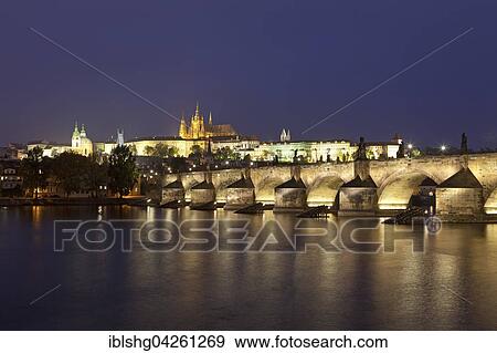 Prague Castle with Charles Bridge at night, Moldova, Prague, Czech Republic, Europe View Large Photo Image Stock Photo - Prague Castle with Charles Bridge at night, Moldova, Prague, Czech Republic, Europe. Fotosearch