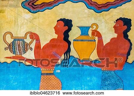 Stock Photograph - Procession, frescoes, reconstruction of Arthur Evans, Southern Propylaeum of Knossos, Minoan excavation site, parts of the Minoan temple complex of Knossos, Knossos Palace, ancient city of Knossos, Heraklion, Knossos, Crete, Greece, Europe. Fotosearch