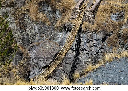 Stock Image - Qu'eswachaka suspension bridge, rope bridge made of woven Peruvian Feathergrass (Stipa ichu), over the Apurimac River, last known working Inca suspension bridge, national cultural heritage of Peru, Southern Peru, Peru, South America. Fotosearch