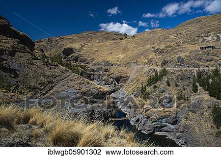 Stock Image - Qu'eswachaka suspension bridge, rope bridge made of woven Peruvian Feathergrass (Stipa ichu), over the Apurimac River, last known working Inca suspension bridge, national cultural heritage of Peru, Southern Peru, Peru, South America. Fotosearch