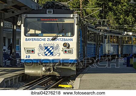 Stock Photo - Rack railway to Zugspitze, Bayerische Zugspitzbahn, Eibsee train station, Grainau, Werdenfelser Land, Upper Bavaria, Bavaria Bahnhof, Germany, Europe. Fotosearch