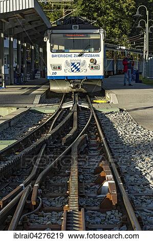 Stock Photo - Rack railway to Zugspitze, Bayerische Zugspitzbahn, Eibsee train station, Grainau, Werdenfelser Land, Upper Bavaria, Bavaria Bahnhof, Germany, Europe. Fotosearch