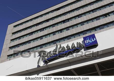 Stock Photo - Radisson Blu Scandinavia logo on the building, hotel, Düsseldorf, North Rhine-Westphalia, Germany, Europe. Fotosearch