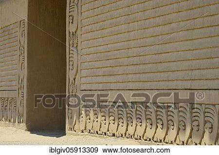 Stock Photo - Relief of the wall made of mud brick, adobe, ruins of Chan Chan, Trujillo, La Liberdad region, Peru, South America. Fotosearch