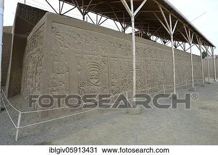 Stock Image - Relief on the wall of clay, adobe, ruins of Chan Chan, Trujillo, region of La Liberdad, Peru, South America. Fotosearch