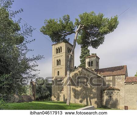Stock Image - Romanesque Church, Poble Espanol de Montjuic, Barcelona, Catalonia, Spain, Europe. Fotosearch