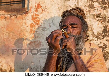 Stock Photography - Sadhu, holy man, smoking marihuana, Galtaji, Khania-Balaji, Jaipur, Rajasthan, India, Asia. Fotosearch