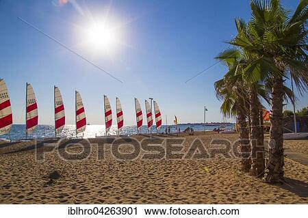 Stock Image - Sailboats on the beach, Robinson Club Pamfilya, Side-Sorgun, Side Belediyesi, Antalya, Turkey, Asia. Fotosearch