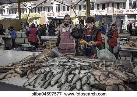 Stock Photo - Saleswomen, fish market, Odessa, Ukraine, Europe. Fotosearch