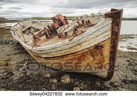 Stock Image - Shipwreck on the beach, Flatley island, Westfjords, Iceland, Europe. Fotosearch