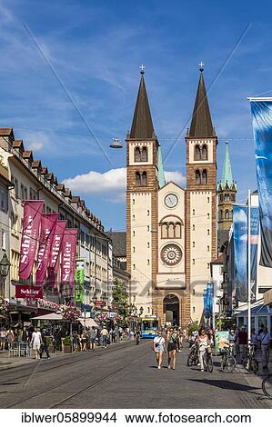 Picture - Shops in Domstraße, shopping street, St. Kilian Cathedral, St. Kilian's Cathedral, city centre, Würzburg, Franconia, Bavaria, Germany, Europe. Fotosearch