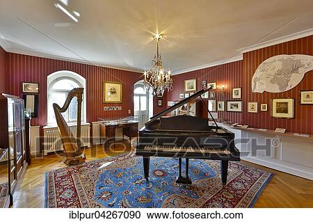 Stock Image - Showroom with harp and grand piano, Villa Teresa, Coswig, Saxony, Germany, Europe. Fotosearch