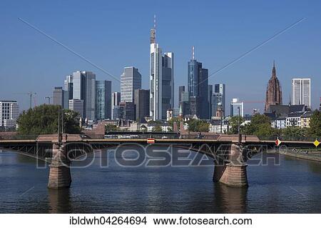 Picture - Skyline with financial district, and Frankfurt, Ignaz Bubis bridge, Frankfurt, Hesse, Germany, Europe. Fotosearch