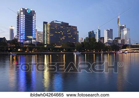Skyline with office buildings, high-rise buildings at dusk, Untermainkai, Frankfurt am Main, Hesse, Germany, Europe View Large Photo Image Stock Photography - Skyline with office buildings, high-rise buildings at dusk, Untermainkai, Frankfurt am Main, Hesse, Germany, Europe. Fotosearch