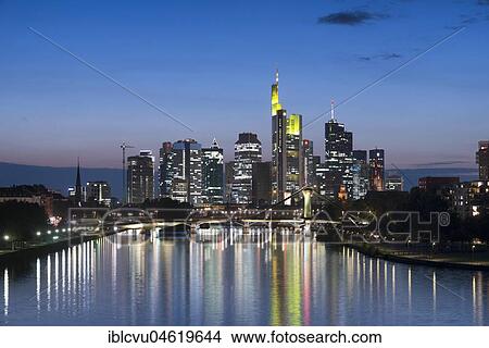 Picture - Skyline with river Main at dusk, Frankfurt am Main, Hesse, Germany, Europe. Fotosearch