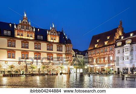 Stadthaus building and half-timbered house on the market square at dusk, Coburg, Upper Franconia, Bavaria, Germany, Europe View Large Photo Image Picture - Stadthaus building and half-timbered house on the market square at dusk, Coburg, Upper Franconia, Bavaria, Germany, Europe. Fotosearch