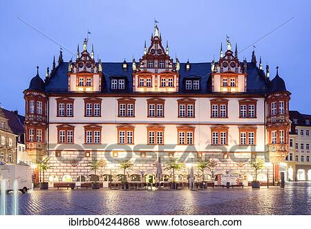 Stock Photo - Stadthaus building at dusk, market square, Coburg, Upper Franconia, Bavaria, Germany, Europe. Fotosearch