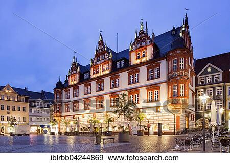 Stock Photo - Stadthaus building at dusk, market square, Coburg, Upper Franconia, Bavaria, Germany, Europe. Fotosearch