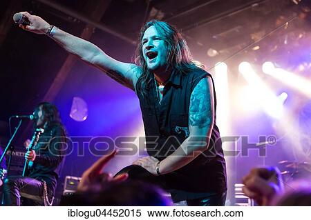 Stock Photography - Steven Mageney, singer of the Swiss hard rock band Crystal Ball live at the Schüür Lucerne, Switzerland, Europe. Fotosearch