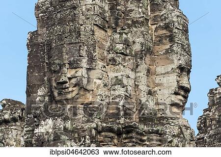 Stock Image - Stone Face of Bodhisattva Lokeshvara at Bayon Temple, Angkor Thom, Cambodia, Asia. Fotosearch