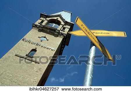 Stock Photo - Street signs in front of the Kulturbrauerei in Prenzlauerberg, Berlin, Germany, Europe. Fotosearch