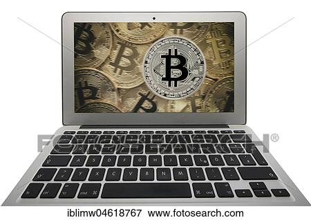 Stock Photo - Symbol image turbulence, volatility, stock price digital currency, gold physical coin bitcoin laptop. Fotosearch