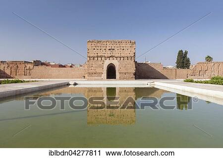 Stock Image - The audience pavilion and pool, El Badi Palace, Marrakech, Morocco, Africa. Fotosearch