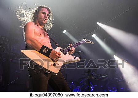 Stock Image - The Australian hard rock band Airbourne live at the Blue Balls Festival Lucerne, Switzerland Joel O' Keeffe, vocals and guitar David Roads, guitar Justin Street, bass Ryan O' Keeffe, drums. Fotosearch