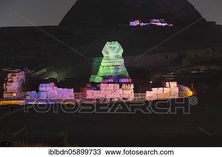 Stock Image - The great sphinx during the sound and light show, Giza, Egypt, Africa. Fotosearch