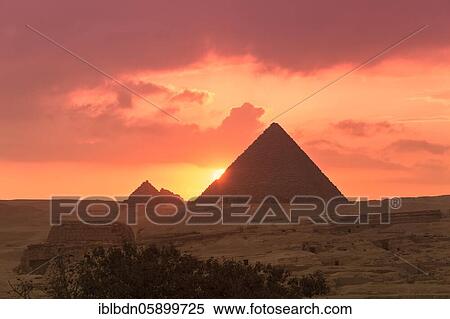 Stock Photography - The pyramids of Menkaure at sunset, Giza, Egypt, Africa. Fotosearch