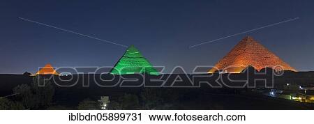 Stock Image - The three main pyramids during sound and light show, Giza, Egypt, Africa. Fotosearch