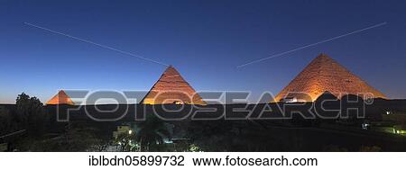 Stock Image - The three main pyramids during sound and light show, Giza, Egypt, Africa. Fotosearch