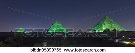Stock Photography - The three main pyramids during sound and light show, Giza, Egypt, Africa. Fotosearch