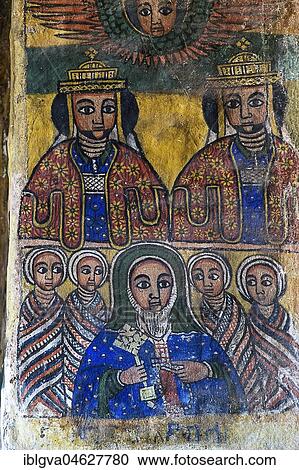 Stock Image - The two royal brothers Abreha and Atsbeha (Ezana and Saizana), untenå Abba Salama (Frumentius), Canvas paintings in the Orthodox Church Abreha wa Atsbaha, Gheralta Region, Tigray, Ethiopia, Africa. Fotosearch